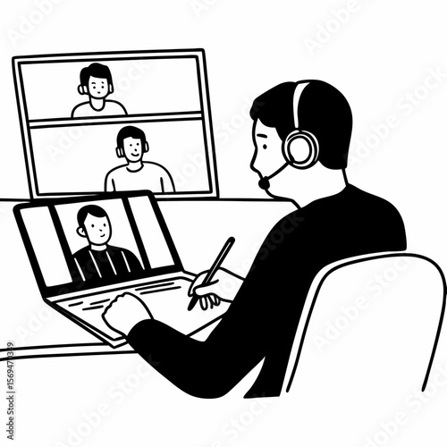 Focused 35s man sit at desk wear headphones watch webinar use laptop gain new knowledge writing notes. Video conference communication, negotiation remotely, study online, e-learn, self-educate concept