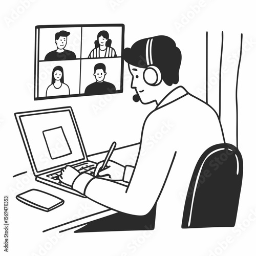 Focused 35s man sit at desk wear headphones watch webinar use laptop gain new knowledge writing notes. Video conference communication, negotiation remotely, study online, e-learn, self-educate concept