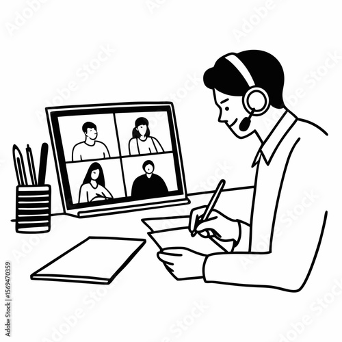 Focused 35s man sit at desk wear headphones watch webinar use laptop gain new knowledge writing notes. Video conference communication, negotiation remotely, study online, e-learn, self-educate concept