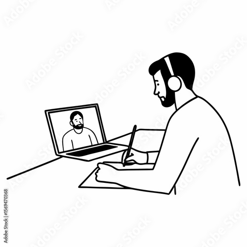 Focused 35s man sit at desk wear headphones watch webinar use laptop gain new knowledge writing notes. Video conference communication, negotiation remotely, study online, e-learn, self-educate concept