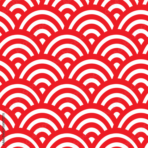 Traditional seamless Japanese wave pattern with repeating red and white semicircle arches inspired by Seigaiha motif.
