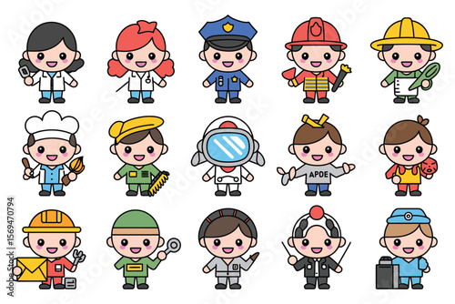 Adorable Cartoon Characters Diverse Professions and Cute Occupations Illustrations