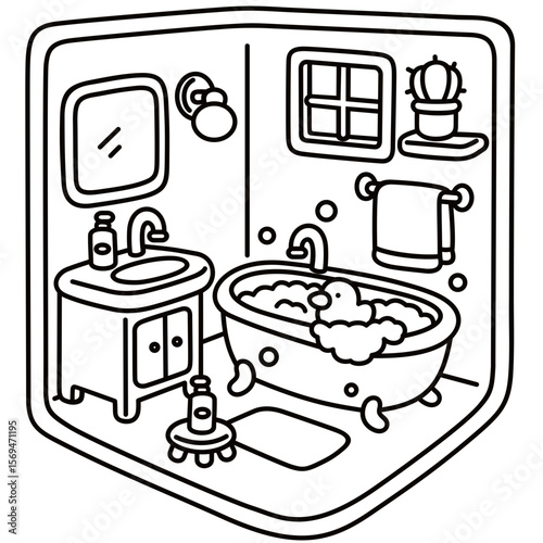 Cute pocket bathroom, easy coloring for kids, vector, illustration, coloring book, coloring page, cozy, cute, bold, comfy