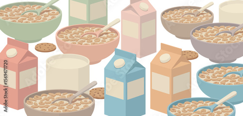 Breakfast Cereal Bowls with Milk and Cookies