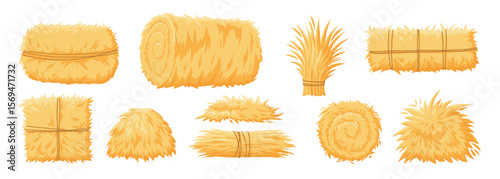 Dry farm haystack, bale, pile and heap stack, straw in rolls, fodder bundle, sack bag isolated agricultural set. Rural haycock, countryside grass, wheat or rye haymow and farming vector illustration