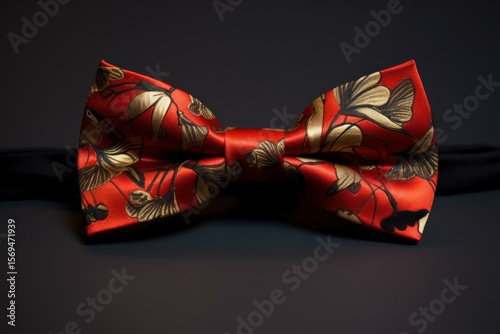 Red and gold floral patterned bow tie resting on a sleek black surface, adding a touch of sophistication