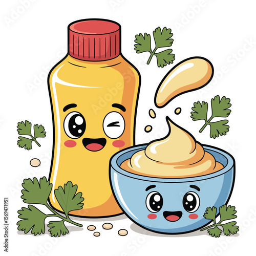 Cute Cartoon Mustard Bottle and Bowl
