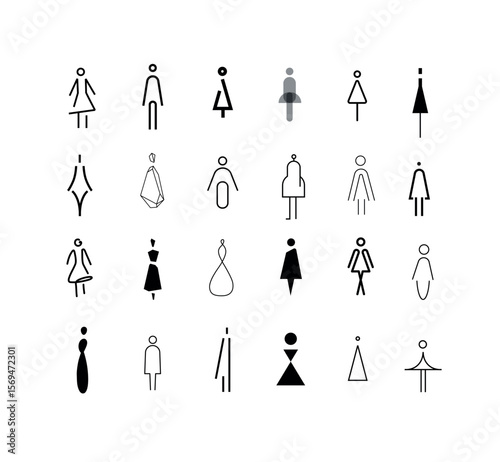 Female icons, diverse, elegant restroom symbols. Modern design for public signs drawing on white bg.