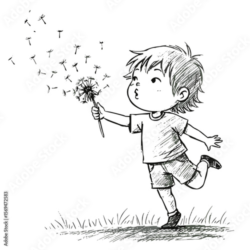 Happy child blowing dandelion seeds while standing on grass on transparent background