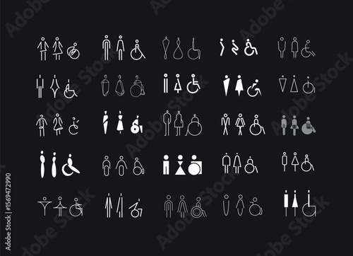 WC icons, stylish and modern design for male, female, accessible restrooms drawing on black bg.