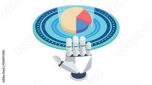 Robotic hand presenting a pie chart on a futuristic platform with a circular design element