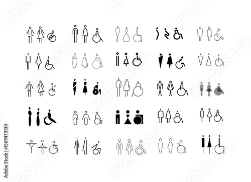 WC icons, stylish and modern design for male, female, accessible restrooms drawing on white bg.