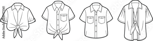 Women’s short sleeve knot shirt fashion flat sketch, button-up crop tops, stylish vector template for designers, garment design illustration flat vector illustration