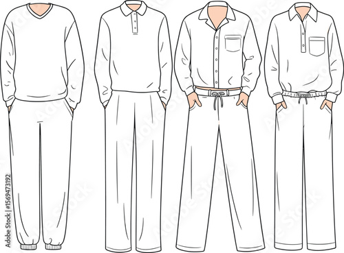 Men’s loungewear fashion flat sketch, front view clothing set, sweatshirt, pajama tops and bottoms, vector template for designers, apparel flat vector illustration