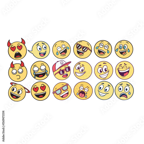 A collection of diverse and expressive cartoon emoji faces with various emotions and styles