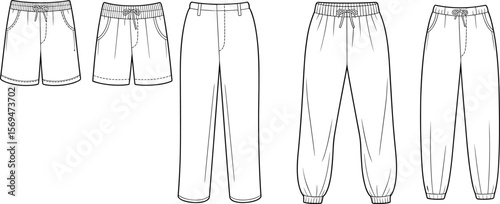 Flat sketch pants and shorts, technical drawing activewear, fashion bottom template for designers, casual joggers, woven trousers, vector illustration flat vector illustration