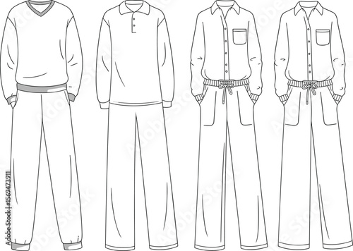 Flat sketch casual outfit, fashion technical drawing, joggers, lounge pants, sweatshirt, shirt set, vector illustration for apparel designers flat vector illustration