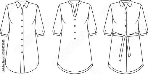 Women’s shirt dress flat sketch, buttoned tunic fashion template, technical drawing, front view vector, CAD for garment designers

 flat vector illustration
