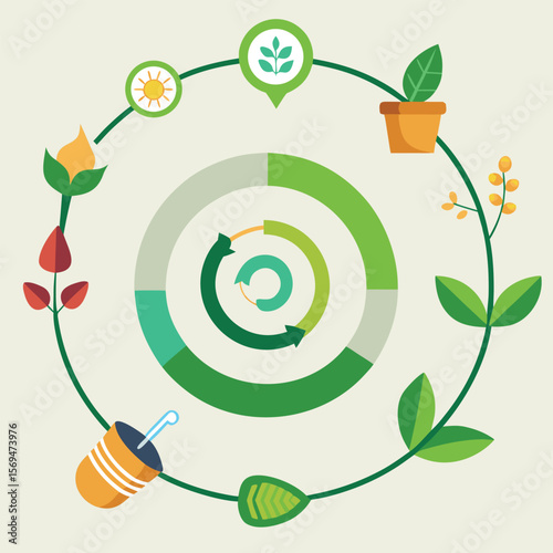 A vibrant illustrated diagram of plant life cycle in a circular design with decorative elements