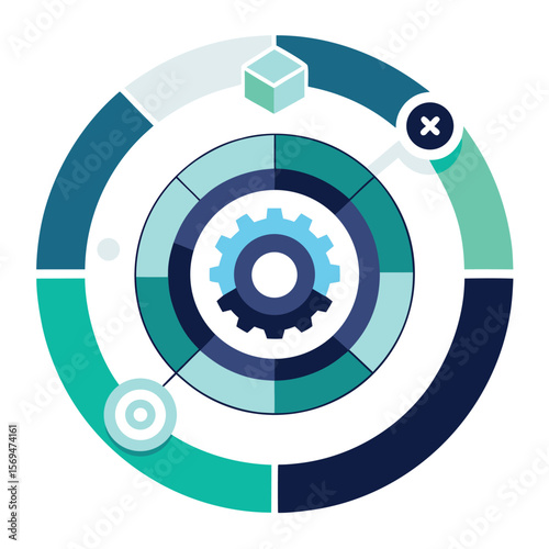 Abstract business diagram with gears and segments illustrating process and strategy in teal and navy tones.