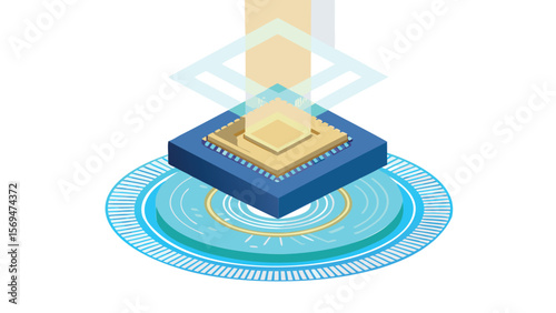 Isometric view of a blue platform with a gold chip and a light beam shining down on the structure