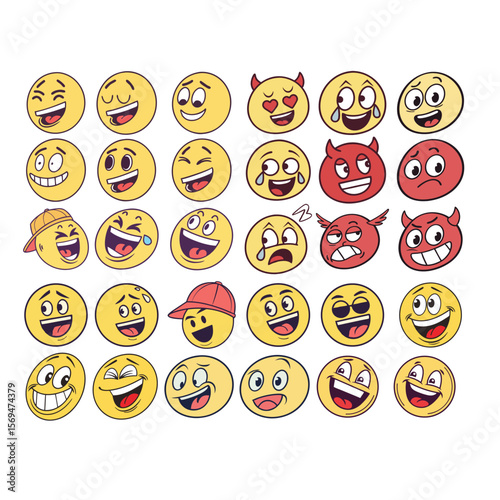 Collection of diverse cartoon emoji faces expressing various emotions and moods with playful expressions