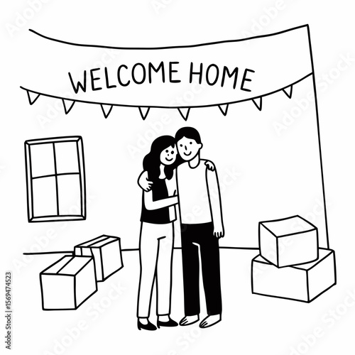 Happy couple first time home buyers celebrate moving day