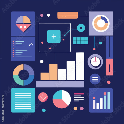 Abstract data visualization infographic with charts graphs and diagrams on a dark blue background for business and analytics