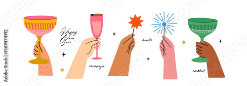 Cheers Celebration Art. Vector illustration of hands celebrating with cocktails, champagne glass and sparklers. Perfect for New Year, party invitation and invite or festive design. Trendy and fun.