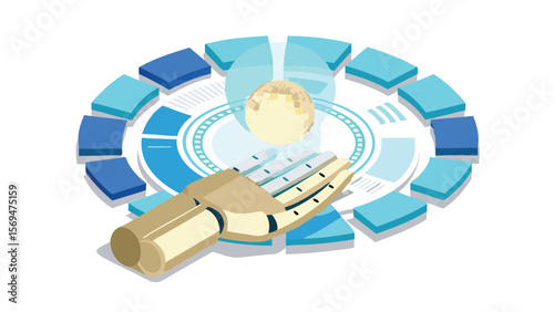 Robotic hand holding a sphere with a circular data visualization behind it in light colors