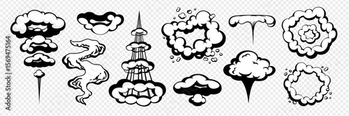Cartoon comic cloud and motion trail set isolated on transparent background. Vector explosion elements in bold black outline. Perfect for comics, animation, games, and sticker packs