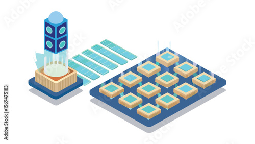 Isometric illustration of a data center with server tower and data storage array shown