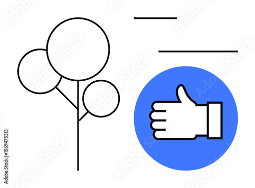 Minimalist tree outline with three circular elements next to a thumbs-up hand inside a blue circle. Ideal for sustainability, approval, ecology, minimalism, social media, simplicity, simple landing