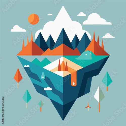 Abstract geometric landscape illustration featuring sun mountains clouds and floating island elements showcasing a colorful modern design