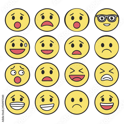 Collection of diverse cartoon smiley face emojis expressing various emotions and reactions against a white background