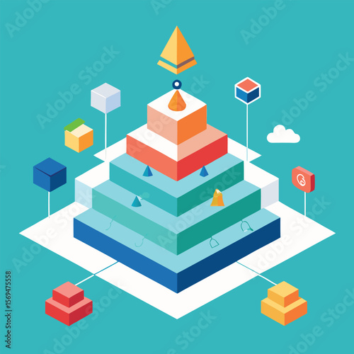 Abstract geometric pyramid formation with connected shapes and elements on a turquoise background in minimalist style.