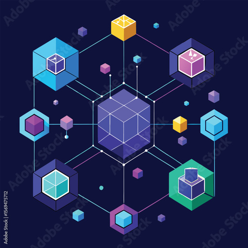 Abstract geometric network illustration of interconnected cubes representing digital connections and data flow