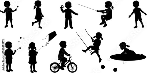 Kids standing together in row silhouettes. Children standing with various poses. Kids various outdoor activities vector silhouette set collection.
