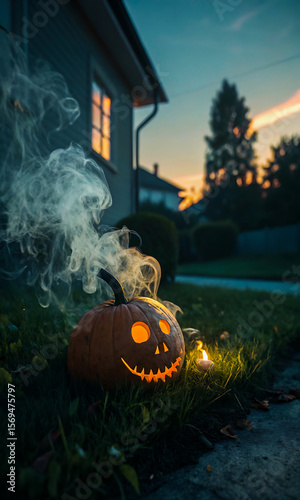 Spooky Halloween Pumpkin with Glowing Face and Smoke in Front Yard at Sunset, halloween, pumpkin, jack