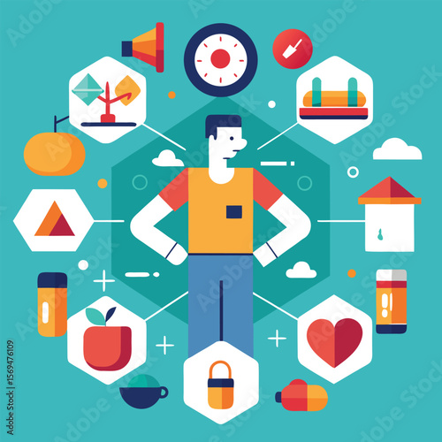 Abstract illustration of a confident person surrounded by icons representing life elements and symbolism
