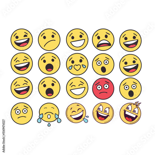 Collection of diverse hand drawn cartoon emoji faces expressing various emotions and reactions