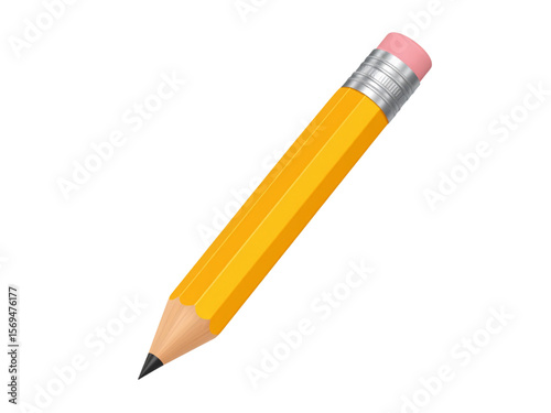 A bright yellow pencil with a pink eraser, isolated on a white background.