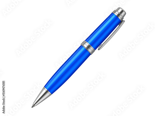A 3D close-up of a shiny blue pen isolated on a white background.