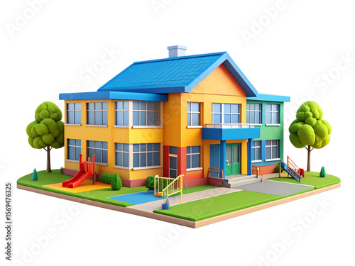 Colorful 3D model of a whimsical elementary school building with playground.