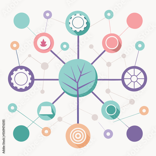 Abstract illustration of a network connection with leaf and circle shapes for digital technology