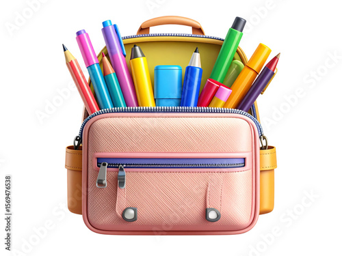A backpack overflowing with colorful pens, pencils, and other school supplies.