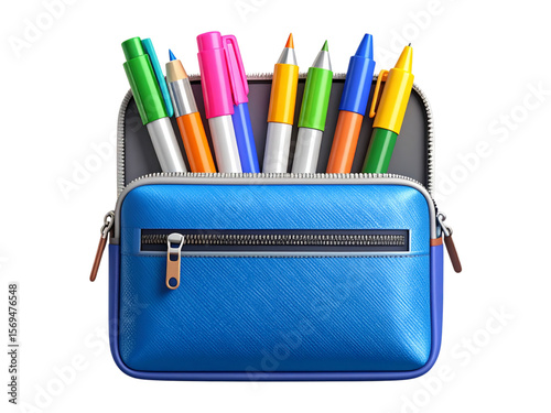 A blue pencil case, partially unzipped, filled with various colored pens and markers.
