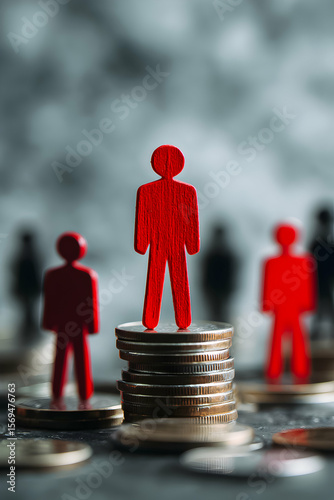 Wooden figures standing on coins symbolize financial growth and investment strategies in a creative setup