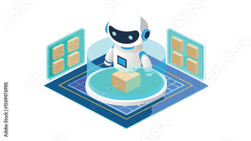Isometric robot standing on a platform with screens and a cube in a futuristic environment scene