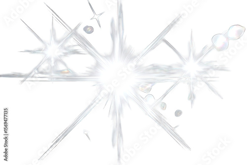 Abstract burst of white light radiating outward from a central point, with textured lines and small spots